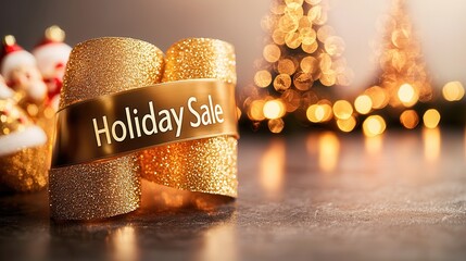 Poster - Gold Glitter Ribbon with Holiday Sale Text and Festive Lights.