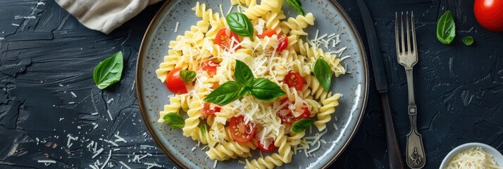 Pasta radiatori topped with grated cheese, basil, and tomatoes, presented from a top view on a plate with cutlery, suitable for lunch.