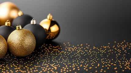 Poster - Gold and Black Christmas Baubles on Black Background.