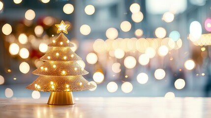 Sticker - Golden Christmas Tree with Bokeh Lights.