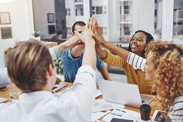 Aufkleber - People, celebration and high five for team building, success and business meeting in office. Group, employees and happiness for support, project and diversity for collaboration, creativity or career