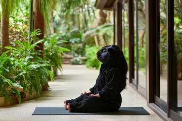 A peaceful anthropomorphic guinea pig practices yoga while sitting calmly in a lush, green terrace garden