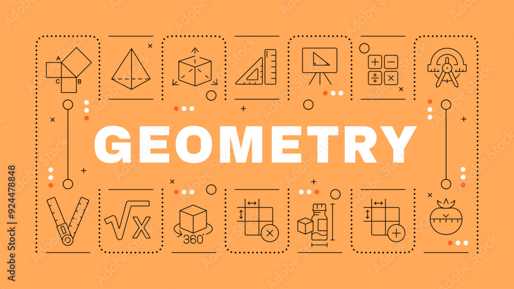Geometry orange word concept. School subject. Trigonometry class. Mathematics education. Horizontal vector image. Headline text surrounded by editable outline icons. Hubot Sans font used