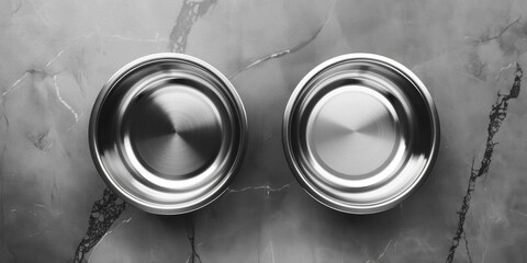 Two metal bowls sit on top of a sleek marble counter, perfect for serving or displaying