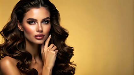 Poster - Beautiful Woman with Long Wavy Brown Hair and Makeup