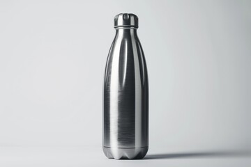 Poster - A close-up of a stainless steel water bottle on a plain surface, suitable for use in still life photography or product display