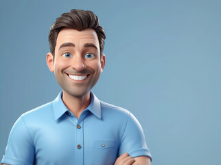 smiling friendly cartoon character adult man portrait wearing blue shirt in 3d style design on light