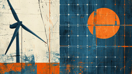 Wall Mural - a vintage 90s poster of a wind turbine and a solar panel, blue and orange color scheme