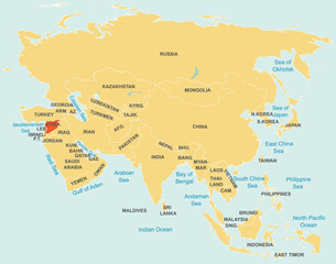  Highlighted map of SYRIA inside detailed blank flat political map of the Asian continent on isolated background