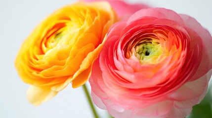 Close-up of two colorful ranunculus flowers