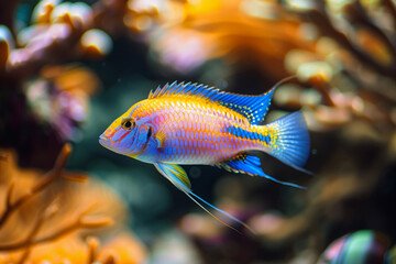 Tropical aquarium fish neon color close-up.