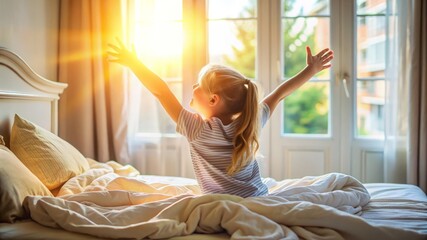 girl waking up in sunny bedroom.