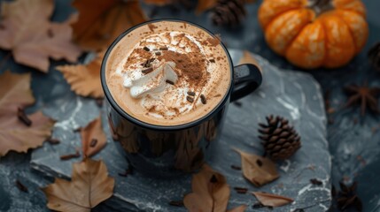 Autumn vibes with hot pumpkin spice latte on stone background