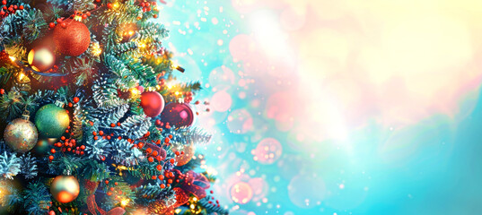 Wall Mural - A close-up view of a beautifully decorated Christmas tree with colorful ornaments, twinkling lights, and a bokeh effect. Space is provided for adding text