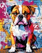 © bcendet - Colorful bulldog portrait on a graffiti brick wall background.