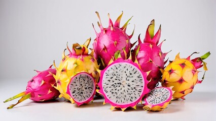 Organic exotic fruits such as dragon fruit passion fruit and starfruit on white background with ample copy space Exotic fruit concept