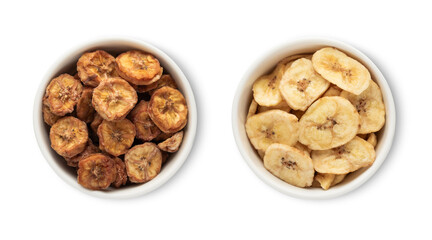 Wall Mural - Bowls with dried healthy organic banana bites isolated on white background.Top view.