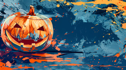 Wall Mural - A hauntingly beautiful pumpkin with a mischievous grin surrounded by colorful paint splatters captures the essence of Halloween festivities