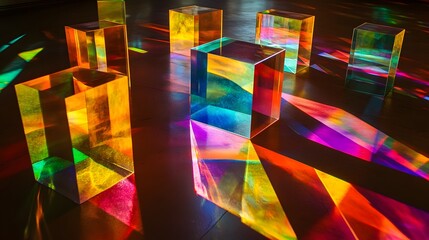 Wall Mural - 39. Geometric prisms casting vibrant, multi-colored reflections on a dark surface