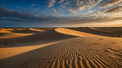 Wall Mural - Golden Sand Dunes with a Cloudy Sky at Sunset.