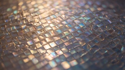 Wall Mural - Close up abstract background texture of iridescent square tiles with soft light and blur.