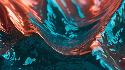 Poster - Abstract close-up of a shiny, reflective, metallic teal and orange surface with smooth flowing ripples.