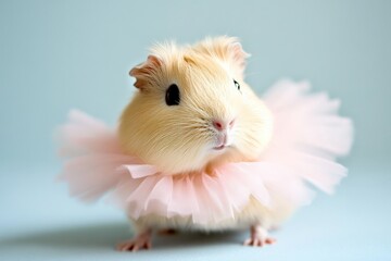 A fluffy guinea pig adorned with a pink tutu stands gracefully, conveying a sense of playfulness and charm