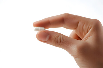 Close-up of a hand holding a single white pill isolated on white background