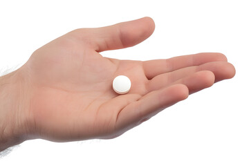 Close-up single white capsule pill on the palm of a hand isolated on white background