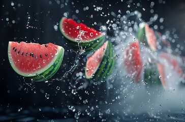 Watermelon flying in the air with splashes of water isolated on dark background