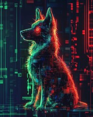 Wall Mural - Digital Dog with Red and Green Lines in a Digital Background.