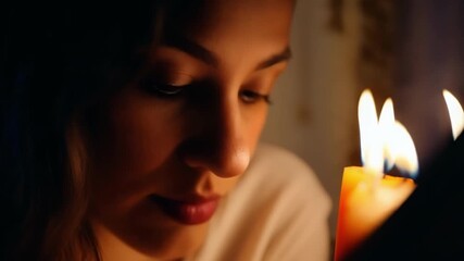 Wall Mural - Young woman prays in a church, holding a candle, her face illuminated by its warm glow, evoking hope and tranquility