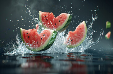 Watermelon flying in the air with splashes of water isolated on dark background