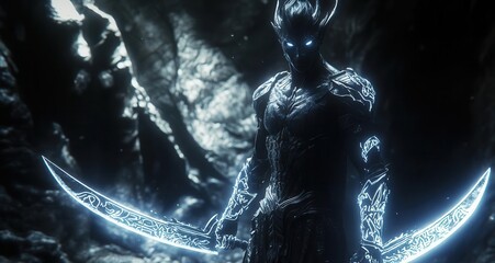 Dark elf warrior with glowing runes on his dual blades, standing in a shadowy cav