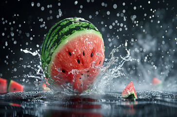 Watermelon flying in the air with splashes of water isolated on dark background