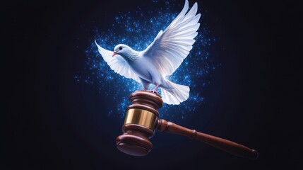 An abstract illustration shows a gavel transforming into a dove, symbolizing the ideals of justice, judgment, and reform.