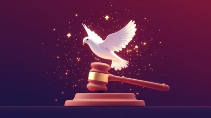 An abstract illustration shows a gavel transforming into a dove, symbolizing the ideals of justice, judgment, and reform.