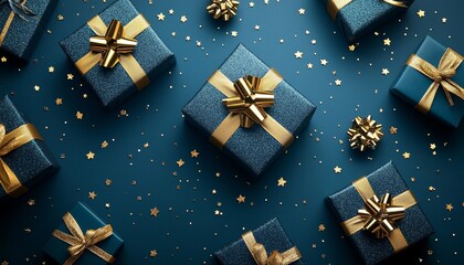 Wall Mural - Elegant Blue Gift Packages with Golden Bows on a Festive Background