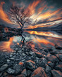 © Frédéric Prochasson - amazing landscape with tree at sunset, AI generated image