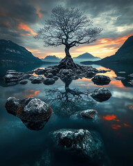 Wall Mural - amazing landscape with tree at sunset, AI generated image