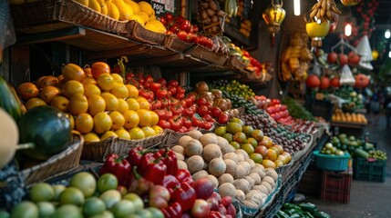 Wall Mural - Vibrant market display showcasing colorful fruits and vegetables during a sunny afternoon in an outdoor farmers' market. Generative AI