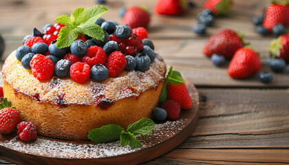 Tasty sponge cake with fresh berries and mint on wooden table, closeup