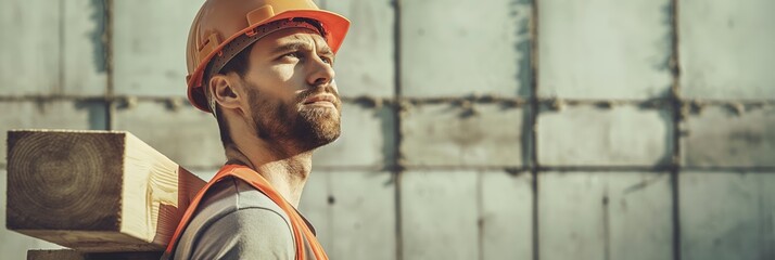 A construction worker in an orange safety vest and helmet carries a piece of timber on his shoulder in an industrial setting.