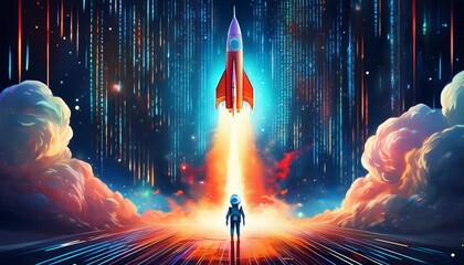 digital rocket launch with binary code, the integration of ai into space exploration missions