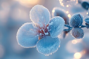 Wall Mural - beautiful frozen flower covered in frost during winter sunset
