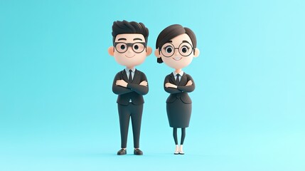 3D Cartoon of Two Young Asian Business Characters on Bright Background