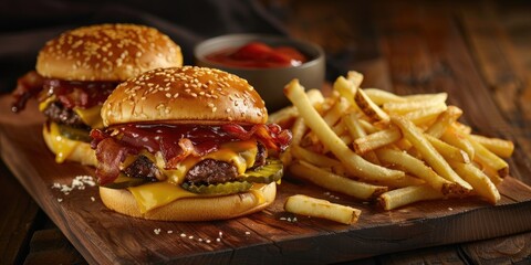 Sticker - Bacon Cheeseburgers with Pickles on a Wooden Cutting Board along with French Fries and Ketchup