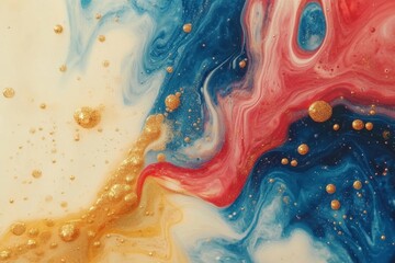 Paint bubbles. Ink water mix. Defocused red golden blue color glitter particles mist texture oil fluid swirl circles floating abstract art background, Generative AI