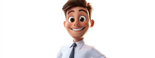 Wall Mural - 3D Cartoon Image of a Cheerful Young Businessman with Light Skin Tone Set Against a White Background