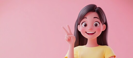 Poster - Cheerful young brunette girl in a yellow shirt making a victory sign with a smile posing against a soft pink background in a 3D cartoon style